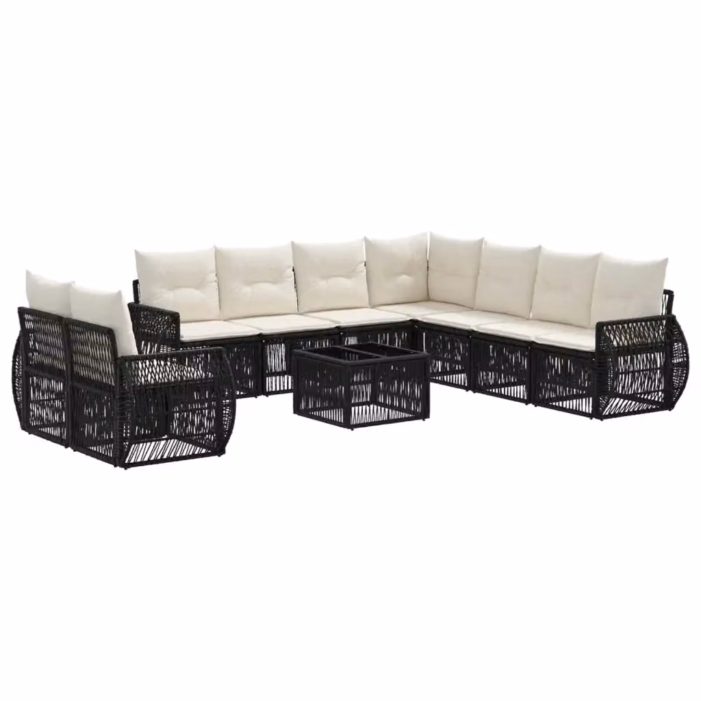 Set Divano da Giardino vidaXL 10 Pezzi in Polyrattan Nero e Bianco Crema con Tavolino e Cuscini Imbottiti – 2