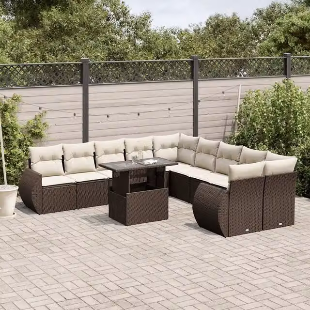 Set di divani da giardino vidaXL in polyrattan marrone e bianco con 11 pezzi, composto da elementi angolari, poltrone lounge, tavolino da esterno e cuscini con coperture rimovibili