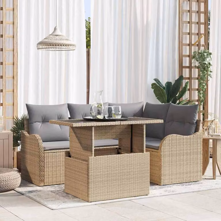 Maison Exclusive - Set da pranzo per esterni con cuscino 5 pcs Beige Poly Rattan