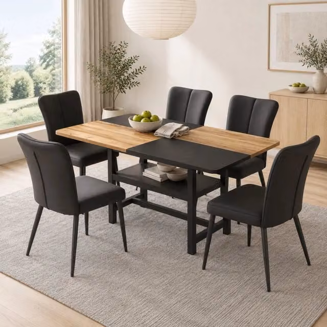 Set tavolo da pranzo e sedie 1 tavolo con ripiano e 4 sedie in MDF, metallo e similpelle marrone e nero