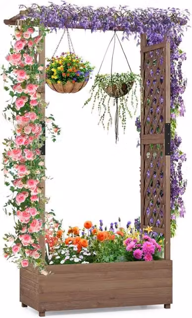Aiuola Rialzata con Traliccio, Pergolato e Fori di Drenaggio, Fioriera Elevata da Esterno in Legno per Piante Rampicanti, Vite e Fiore,110 x 44 x 182 cm (Marrone)