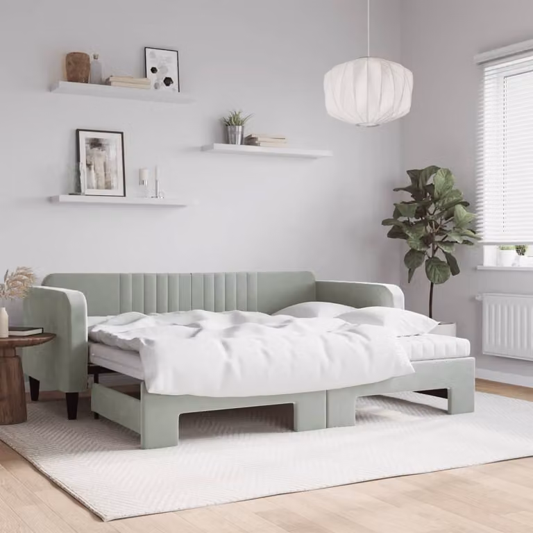 Divano Letto Estraibile vidaXL in Velluto Grigio Chiaro con Materasso 90x200 cm