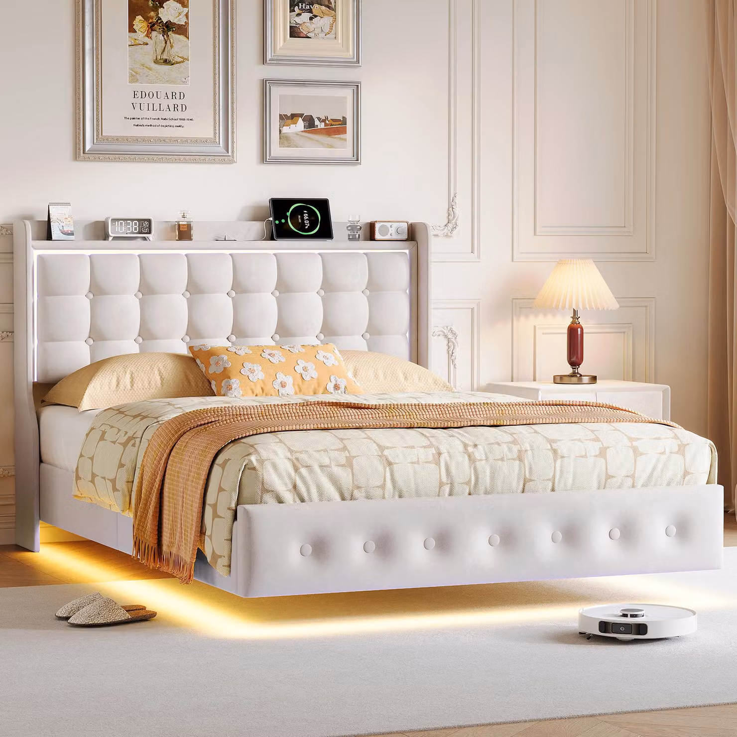 Letto imbottito 160x200 cm con illuminazione LED, testiera con vano portaoggetti, 2 porte USB e 1 porta Type-C, rete a doghe, colore beige, letto matrimoniale senza materasso