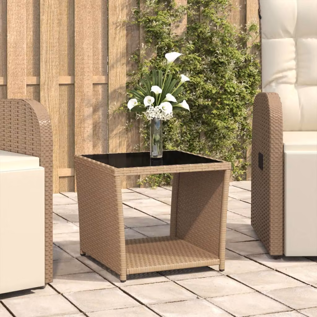vidaXL Tavolino da giardino quadrato in polyrattan e vetro temperato beige L: 45 cm, P: 40 cm, H: 45 cm