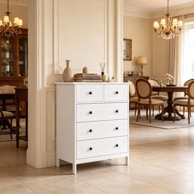 Cassettiera 74x40x91 cm con 5 cassetti e sistema antiribaltamento in MDF e truciolare bianca