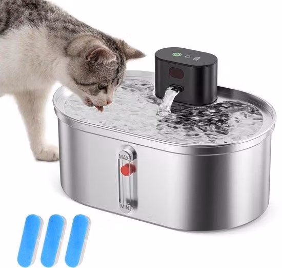 Fontana per gatti senza fili, 3,5 L, acciaio inossidabile, automatica, estremamente silenziosa