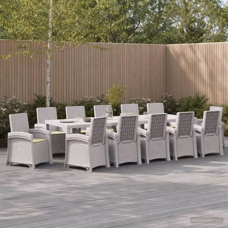 Set da pranzo per giardino e terrazza vidaXL in polyrattan moderno, 14 pezzi, Bianco e Beige