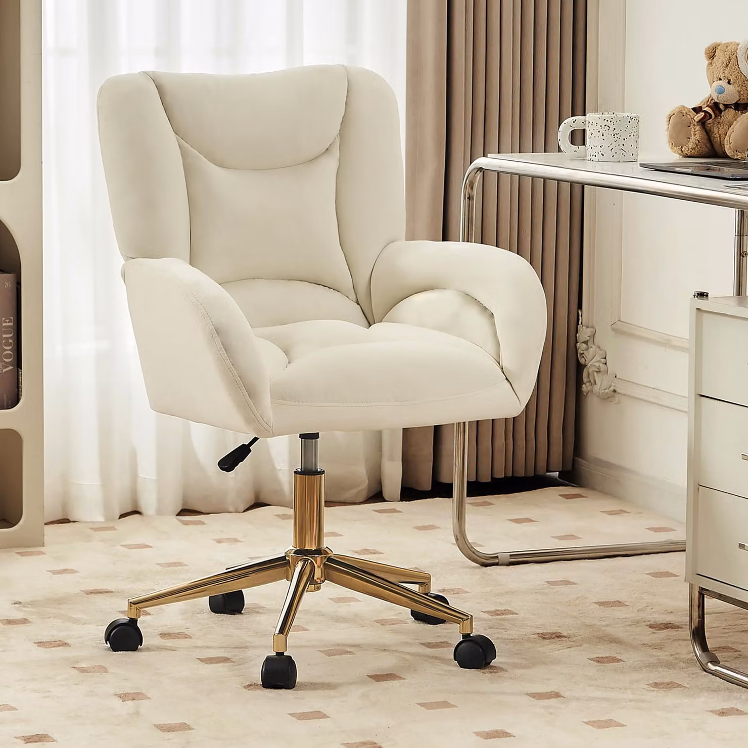 Abrihome velvet - sedia da ufficio girevole, sedia imbottita girevole a 360° regolabile in altezza, beige