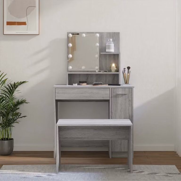 Set Tavolo da Toeletta con LED vidaXL in Legno e MDF Grigio, L/P/H: 136 x 35 x 86,5 cm