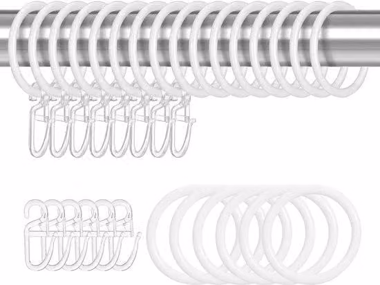 Anelli e ganci per tende da 30 mm, 22 pezzi, metallo, plastica, bianco