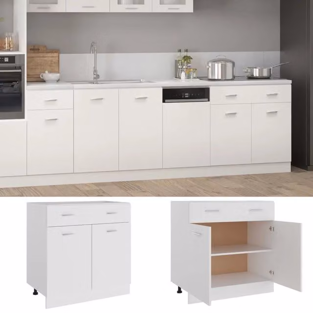 Mobile base da cucina Lyon con cassetti e ante, bianco lucido, L 80 cm x P 46 cm x H 81,5 cm