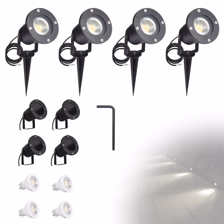 Set di 4 faretti da giardino, con lampadine LED da 5W, attacco GU10, grado di protezione IP65, cavo da 150 cm, luce naturale