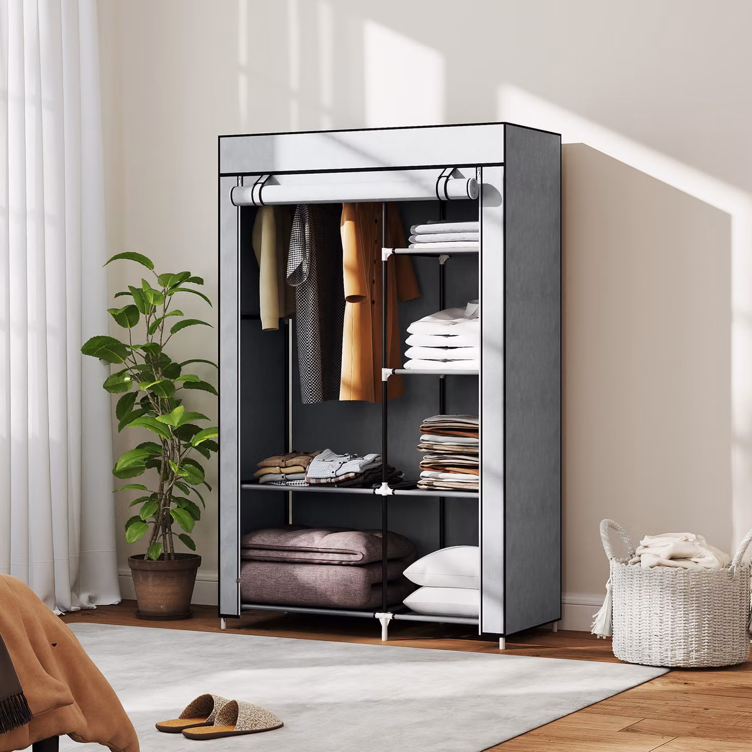 Armadio Guardaroba Portatile HOMCOM in Acciaio e Tessuto, Grigio, con 6 Ripiani e 1 Appendino, L: 103 cm, P: 43 cm, H: 162.5 cm – 2