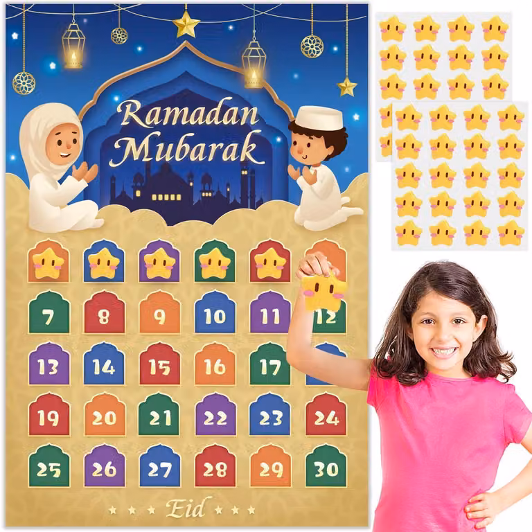 Calendario del Ramadan per bambini, edizione 2026, con 30 adesivi a forma di stella