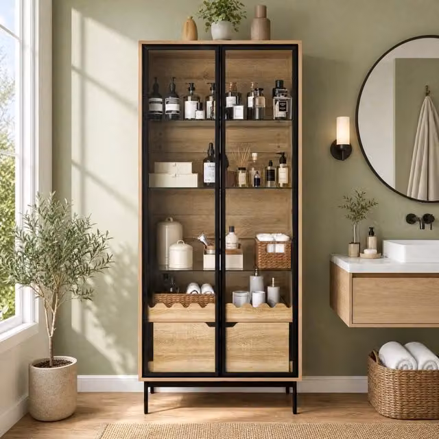 Armadio alto REDOM con ripiani interni e cassetto, finitura nero e naturale, L 75 cm x P 35 cm x H 170,8 cm