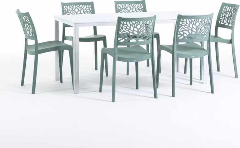 Set da pranzo per esterni con tavolo rettangolare 156x78 cm e 6 sedie impilabili in resina rinforzata con fibra di vetro - design moderno e colorato, ideale per giardino, patio e veranda - THOMAS+FLORA - verde salvia/bianco