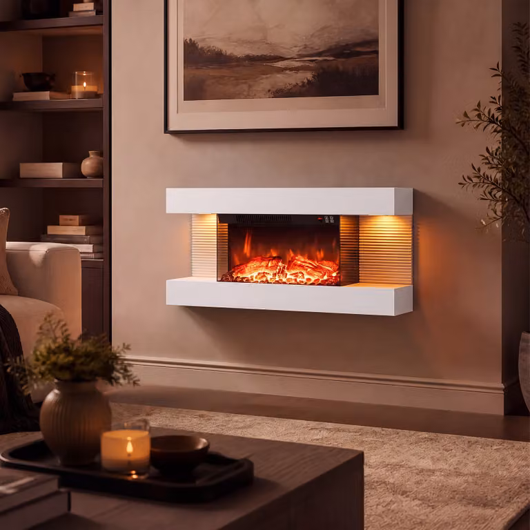 Camino elettrico Costway da parete o terra con 12 colori di fiamma e luci LED, Bianco, L 82 x H 42 x P 20,5 cm