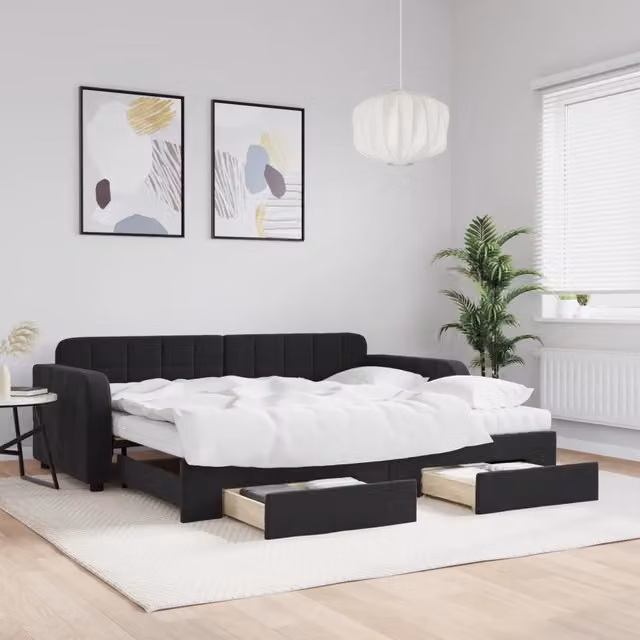 Divano Letto Estraibile con Cassetti Nero 90x200 cm in Velluto 3197005