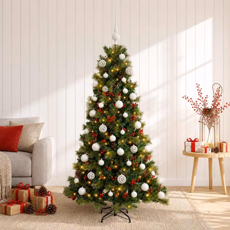 Albero di Natale artificiale con decorazioni natalizie, altezza 150 cm, 150 luci LED
