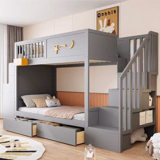 Letto a castello per bambini 90 × 200 cm con 2 cassetti, scala contenitore e scrivania, senza materasso, in pino grigio