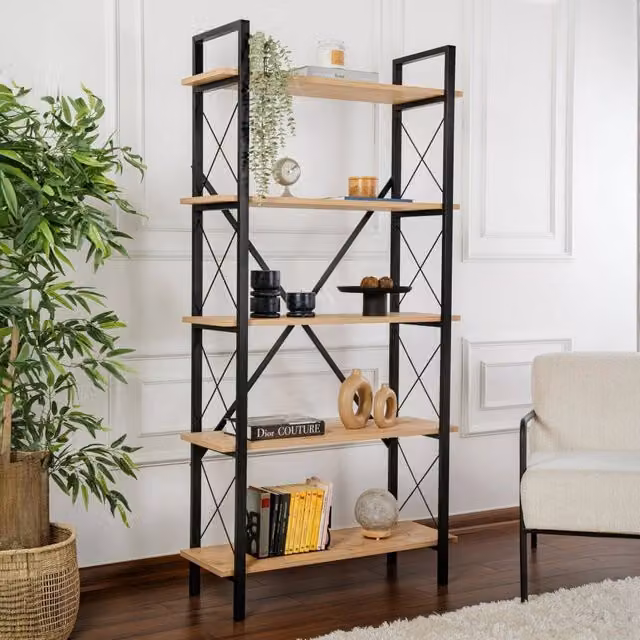 Libreria Suriel DMORA in stile moderno, Scaffale porta libri in legno e metallo, Colore Quercia e Nero, L: 90 cm, P: 34 cm, H: 180 cm – 1