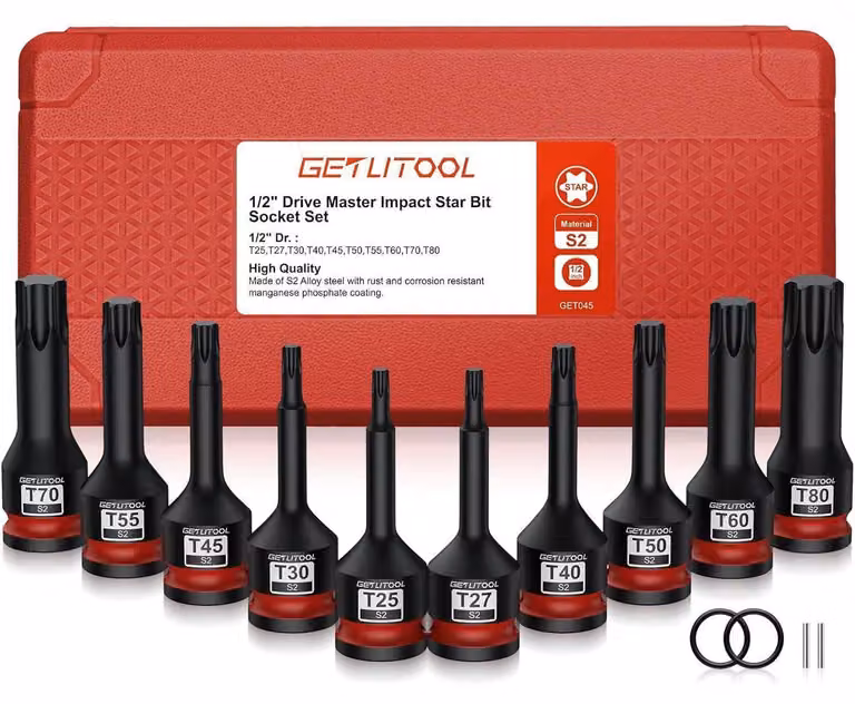 Set di inserti a bussola Torx per avvitatori a percussione, 10 pezzi, acciaio S2, da T25 a T80, 78 mm, 1/2"