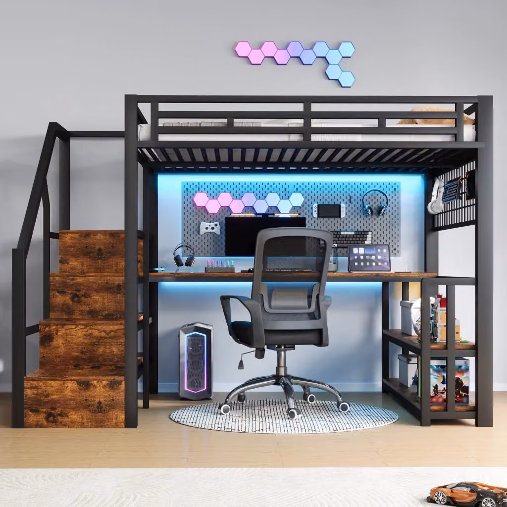 Letto a soppalco moderno in metallo nero con scrivania, ripiani, illuminazione LED e porte USB/Type-C, L/P: 140 x 200 cm – 2