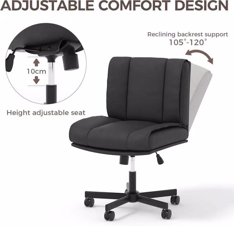 Sedia da ufficio senza braccioli - Sedia ergonomica per scrivania - Rotazione a 360° - Regolabile in altezza - Imbottitura spessa - Rivestimento in ecopelle di poliuretano - Struttura in metallo - Colore nero