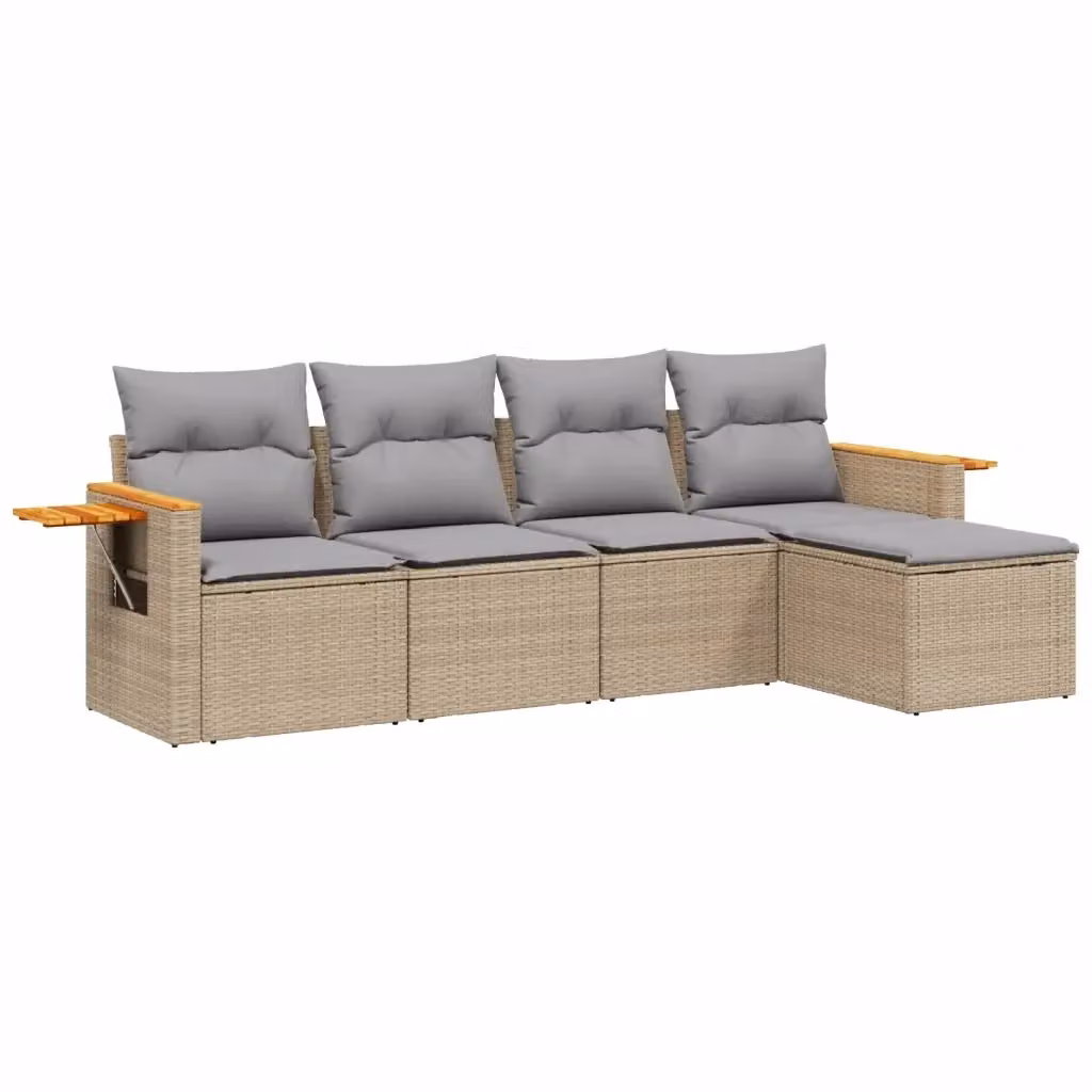 vidaXL Set Divano da Giardino 5 pz in Polyrattan con Cuscini Beige e Struttura in Legno di Acacia – 2