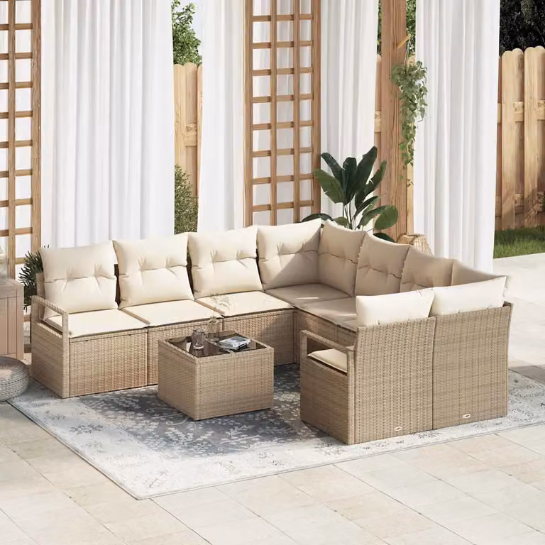 Set di divani da giardino vidaXL a 9 posti in polyrattan beige con cuscini e tavolino da esterno