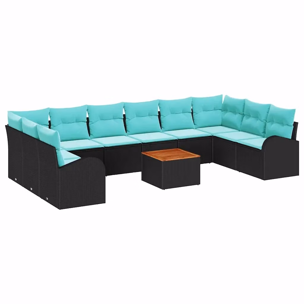 Set Divano da Giardino vidaXL a forma a U composto da 11 pezzi in Polyrattan con Cuscini, Colore Nero e Turchese – 2