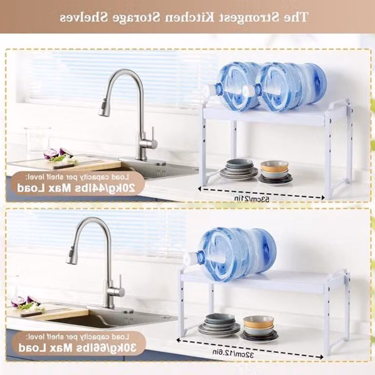 Organizzatore espandibile per scaffali da cucina, da 32 a 53 cm, mensole robuste per armadietti da cucina, regolabili, di colore bianco, con 3 diverse altezze per un efficiente spazio di stoccaggio
