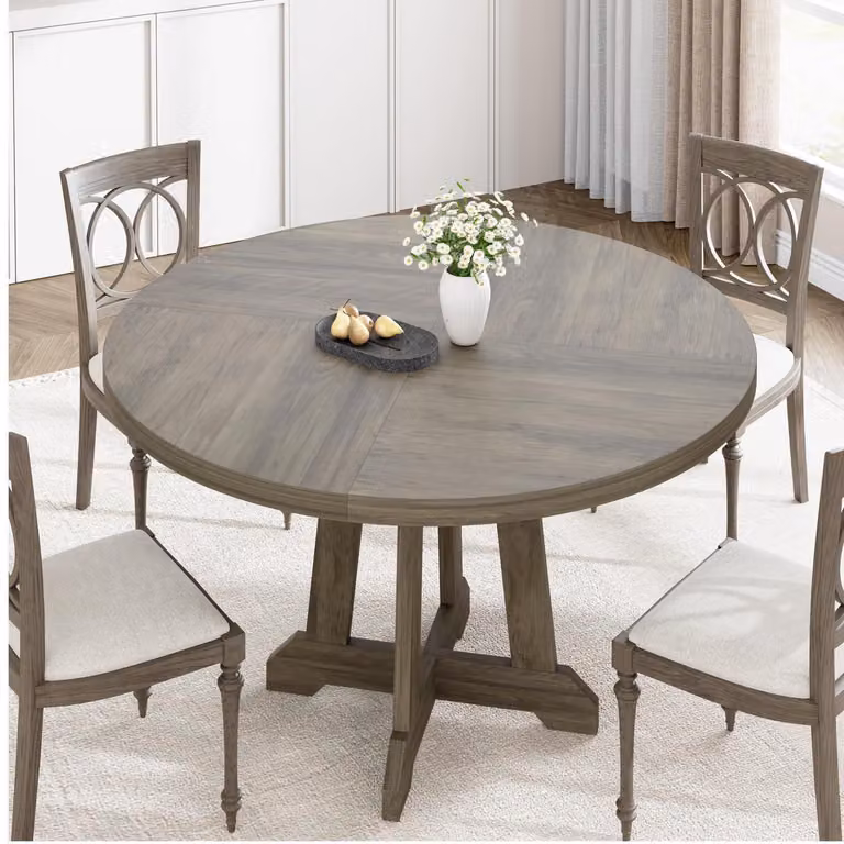 Tavolo da pranzo rotondo per 4-6 persone, struttura in legno, colore grigio chiaro, design industriale