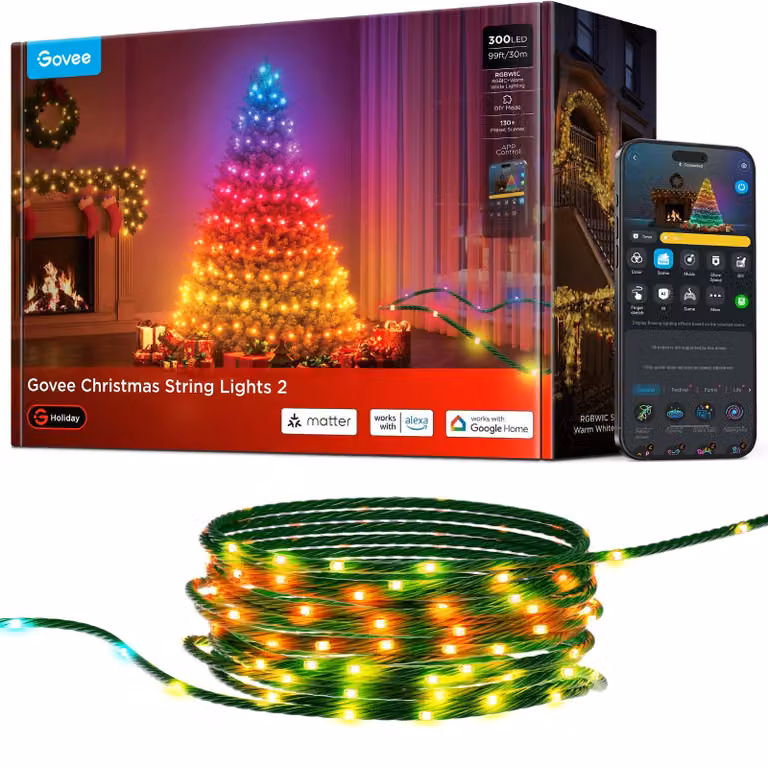 Catena luminosa da 30 metri, con 300 LED RGBWIC, luce bianco caldo, controllo tramite app, grado di protezione IP65, colore verde