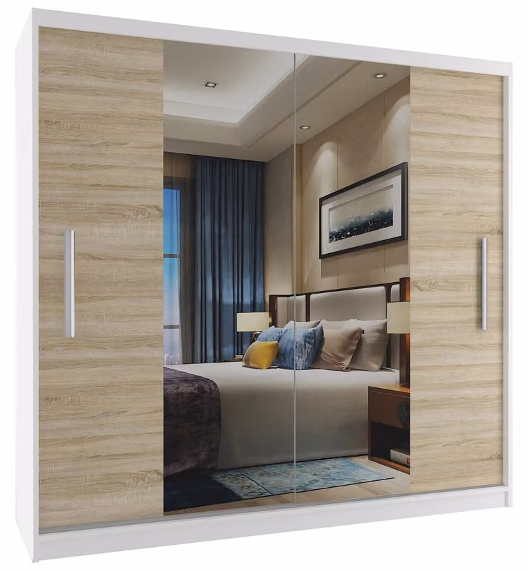 BELINI Verona, armadio scorrevole da 200 cm, bianco/effetto legno sonoma opaco. Armadio con specchio e asta appendiabiti, ideale per la camera da letto
