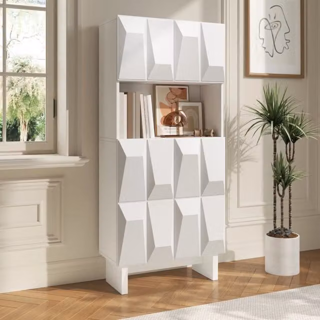 Vetrina con 4 ante, vano aperto e ripiano regolabile per soggiorno e ingresso in truciolare bianco 60.5×34×135.5 cm