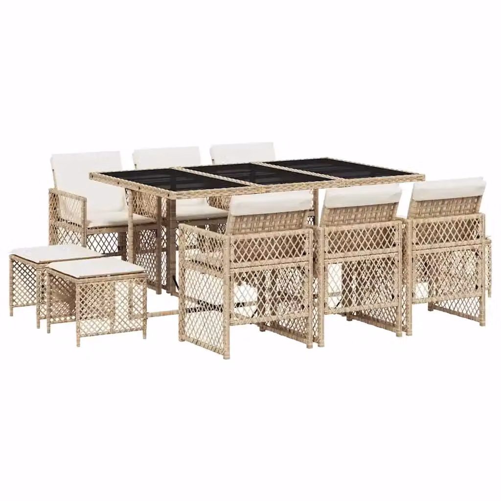 vidaXL Set da Pranzo da Giardino 11 pz in Polyrattan con Cuscini Beige e Bianco e Tavolo in Vetro – 2