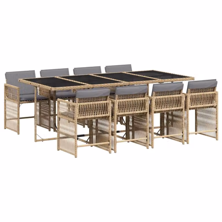 Set Pranzo da Giardino 9 pz con Cuscini Beige Misto Polyrattan