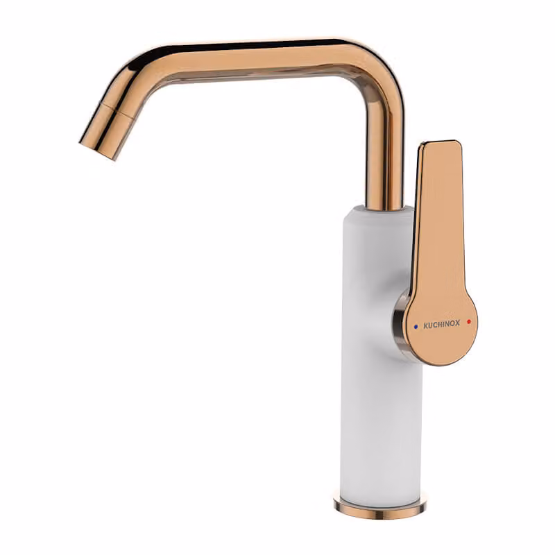 Miscelatore Per Lavabo Bocca Mobile Verticale L Bianco/Oro Rosa, Miscelatore Per Lavabo