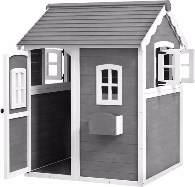 CASETTA PER BAMBINI 3-8 ANNI CON 6 FINESTRE E FIORIERA, IN LEGNO DI ABETE, 104.5X110X137 CM, GRIGIA