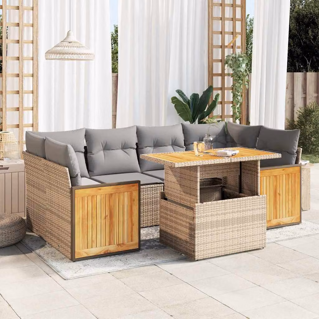 Maison Exclusive - Set Divani da Giardino 7 pz con Cuscini Beige Polyrattan Acacia
