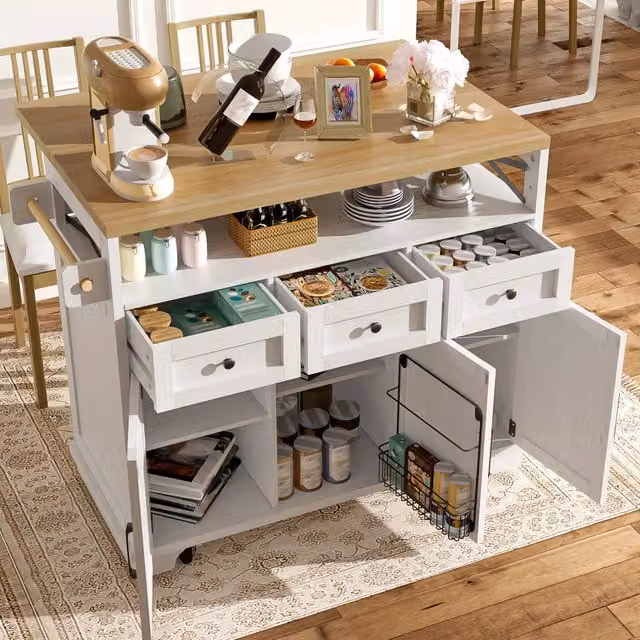 Isola da cucina ULEVR 118x43-70x98 cm con piano ribaltabile, 3 cassetti, divisori rimovibili e ruote