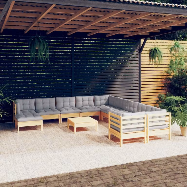 The Living Store Set da giardino da 12 pezzi con cuscini grigi in legno di pino