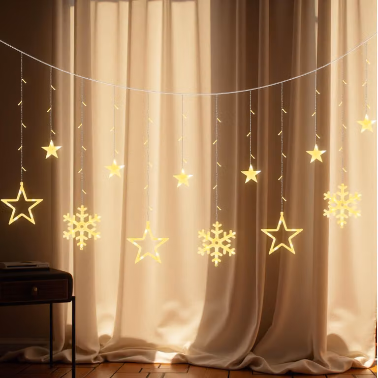 Tenda luminosa con stelle e fiocchi di neve, luce bianco caldo, 1,65 m, alimentazione tramite USB, con timer