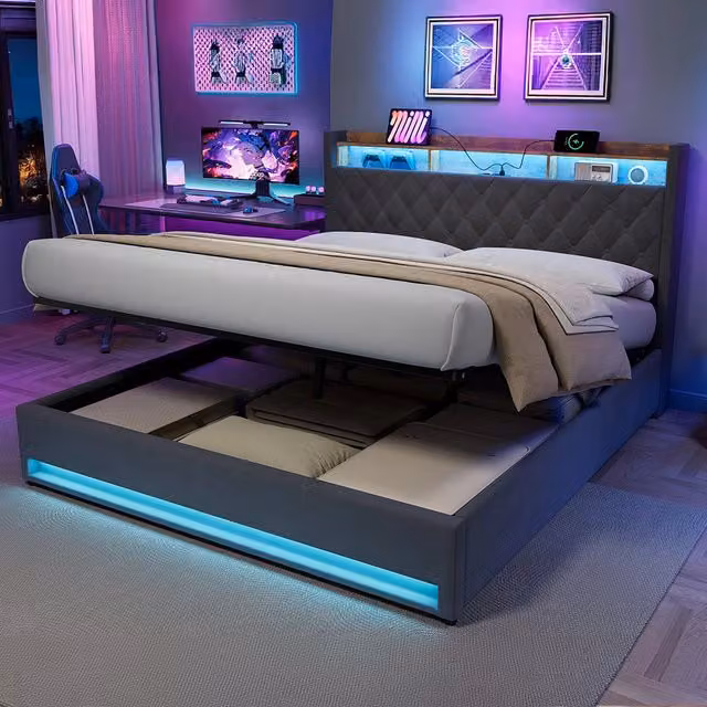 Letto contenitore matrimoniale USB, 2 prese e LED 180×200 cm, senza materasso, in velluto grigio