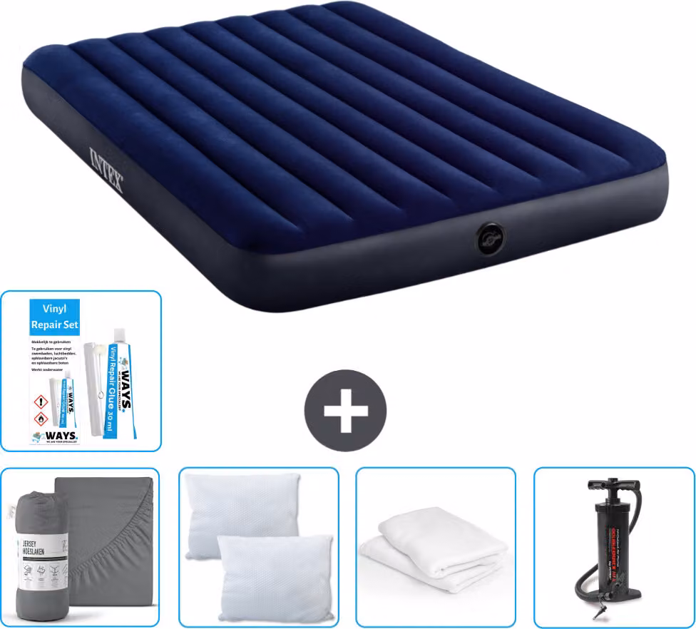 Letto gonfiabile Intex - 2 persone - 152 x 203 x 25 cm - blu - lenzuolo incluso - bacio - pompa - set di riparazione e protezione per cuscini