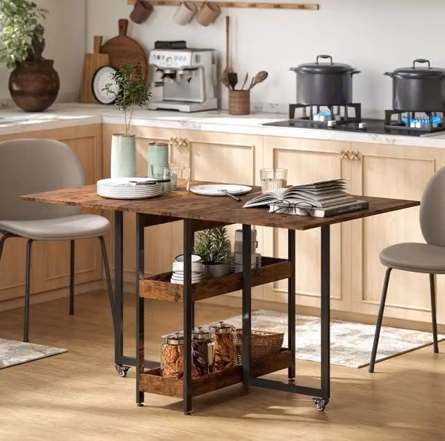 Tavolo da pranzo pieghevole ULEVR 133,4x80x75 cm con 2 vani aperti e ruote con freno, marrone