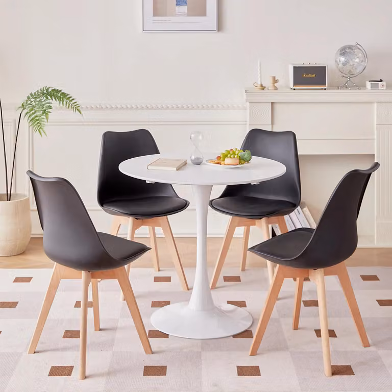 Gruppo tavolo da pranzo - Tavolo rotondo con 4 sedie - 80 cm di diametro - Realizzato in legno di faggio massello - Sedute in poliuretano - Stile moderno - Colore nero