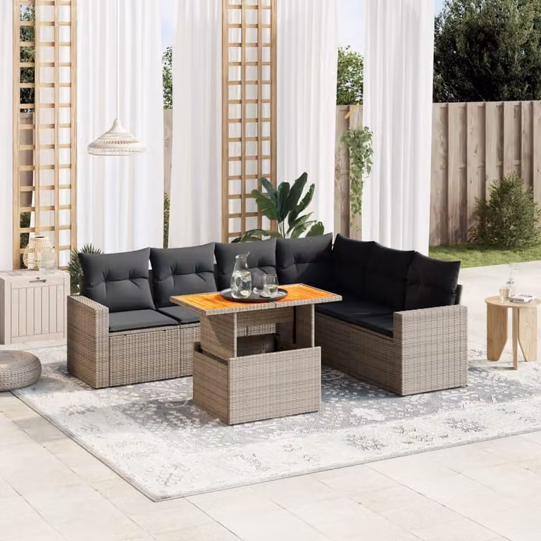 vidaXL Set Divani da Giardino 7 pz a Forma di L in Polyrattan Grigio con Cuscini e Tavolino