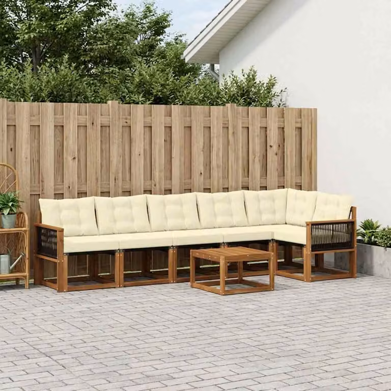 vidaXL Set di divani da esterno 7 pz a forma di L in legno di acacia con cuscini beige e marrone